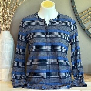 OLD NAVY Blue & Black Striped Linen Cotton Blend Mandarin Collar Tunic Size M